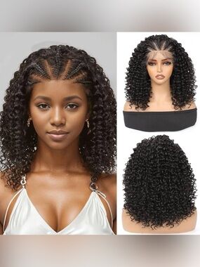 Synthetic 16” Natural Black Curly Lace Front Wig with Cornrowed Parts It#UC9